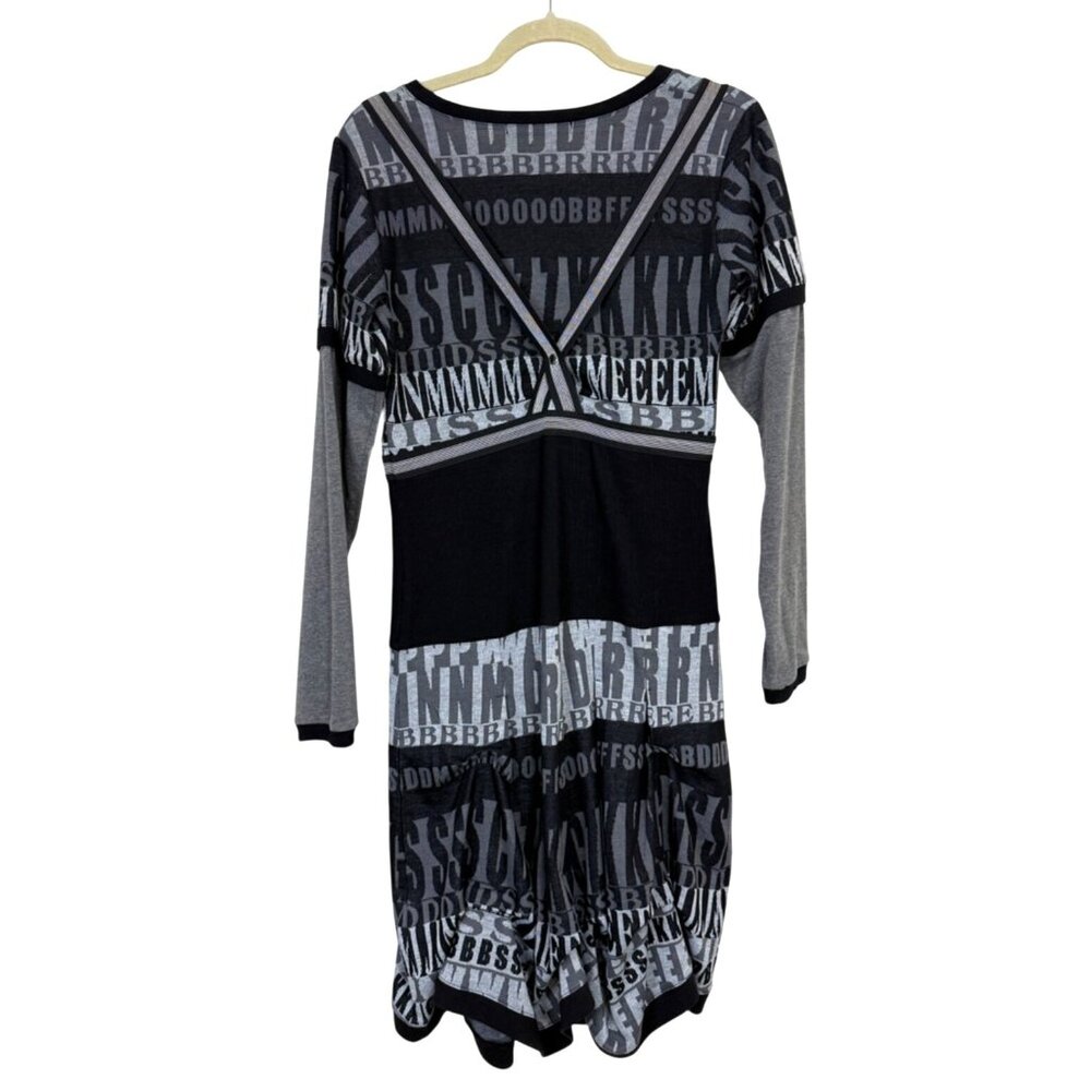 Elena Wang Womens M Sweater Dress Suspenders Text Print Black Gray Long Sleeve - Picture 2 of 6